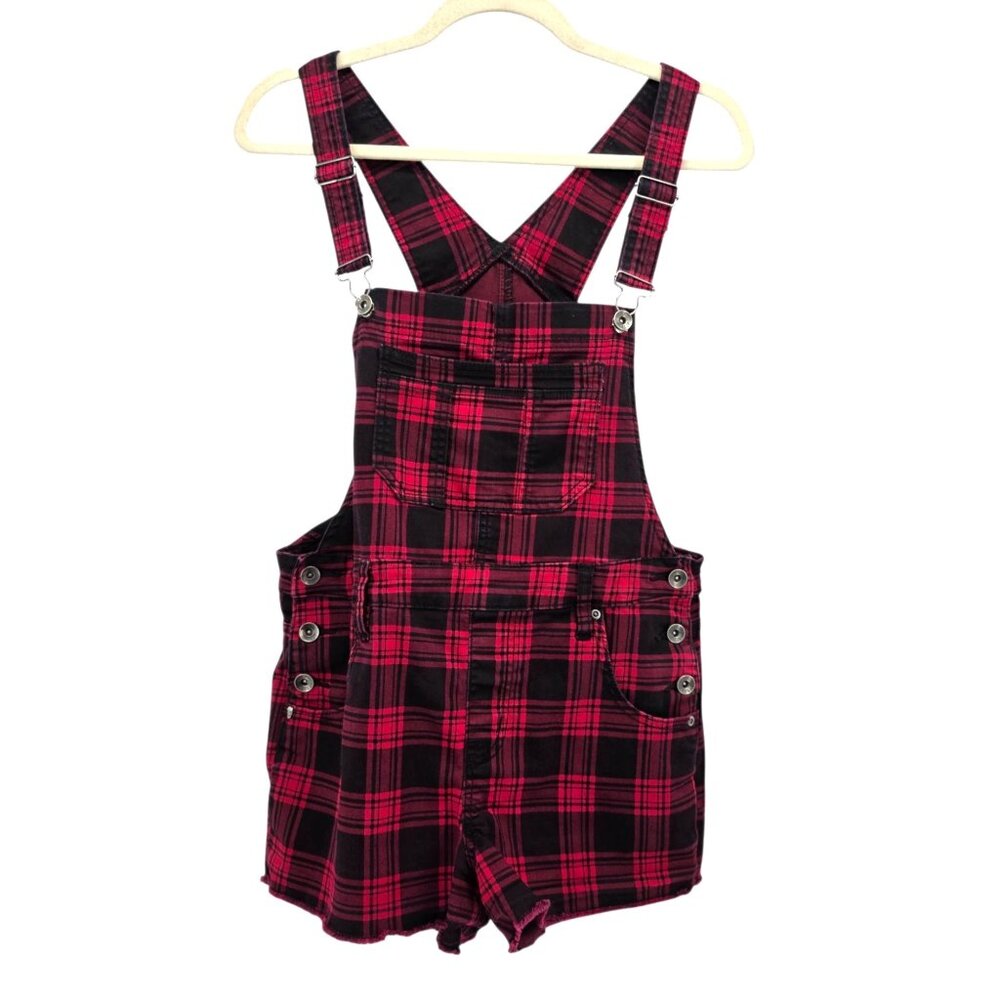 Hot Topic HT Denim Shortall Womens Medium Overalls Bibs Plaid Red Black Raw Hem